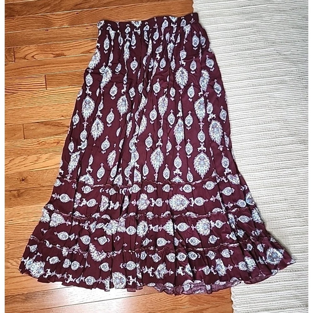 Earthbound Tiered Maxi Skirt Burgundy Blue Peasant Boho Paisley Gypsy Cottage L‎